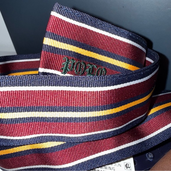 Polo Ralph Lauren Unisex Striped Canvas Belt Size L Red Navy Yellow Leather NWT - Picture 4 of 15